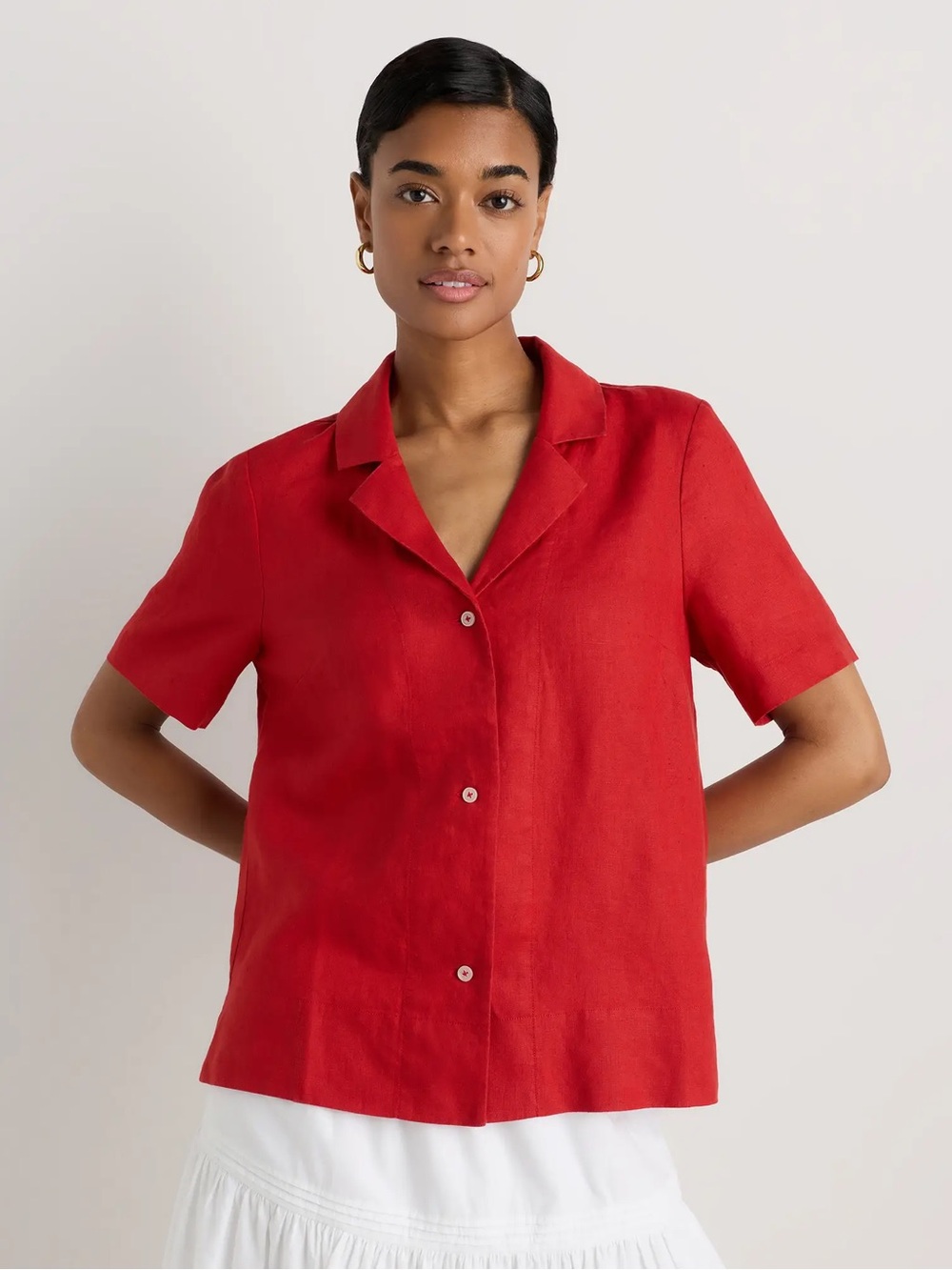 Quince 100% European Linen Short Sleeve Shirt Medium Chile Red Boxy Relaxed Fit